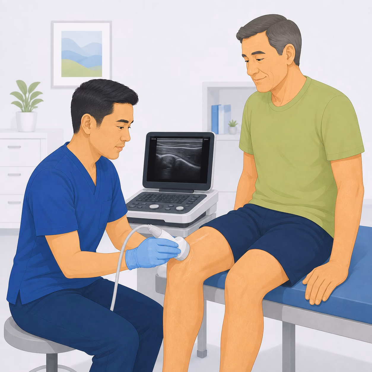 Clinician performing a diagnostic ultrasound scan on a patient's knee