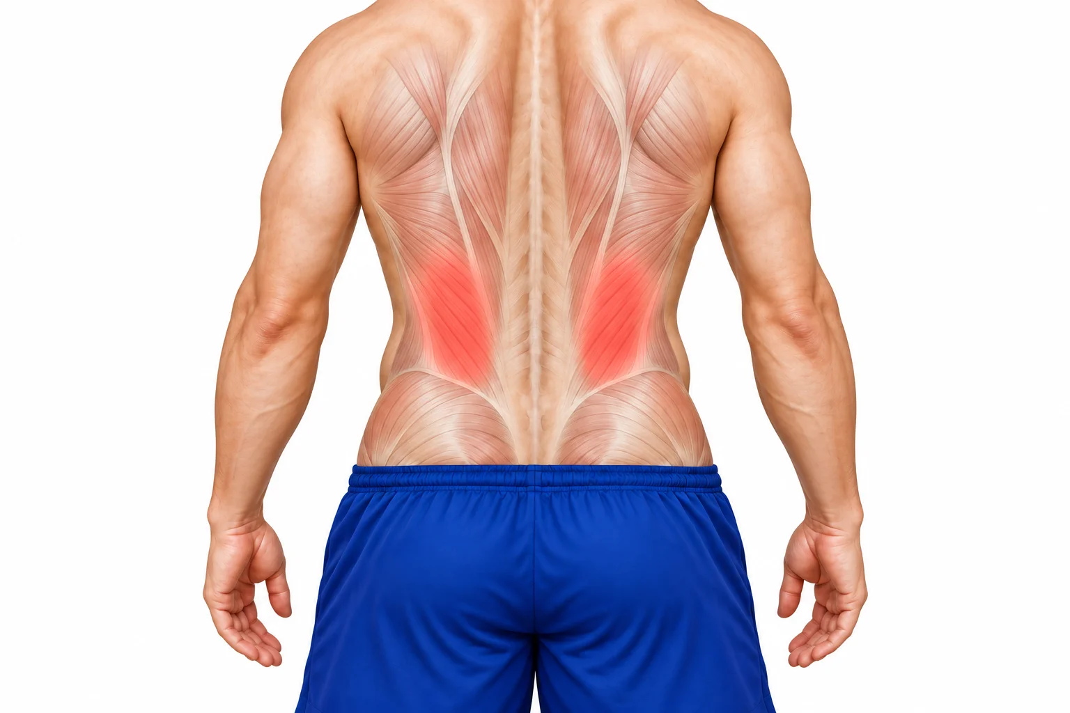 Ilustrasi tanpa label dengan kawasan otot lumbar kiri dan kanan diserlahkan merah