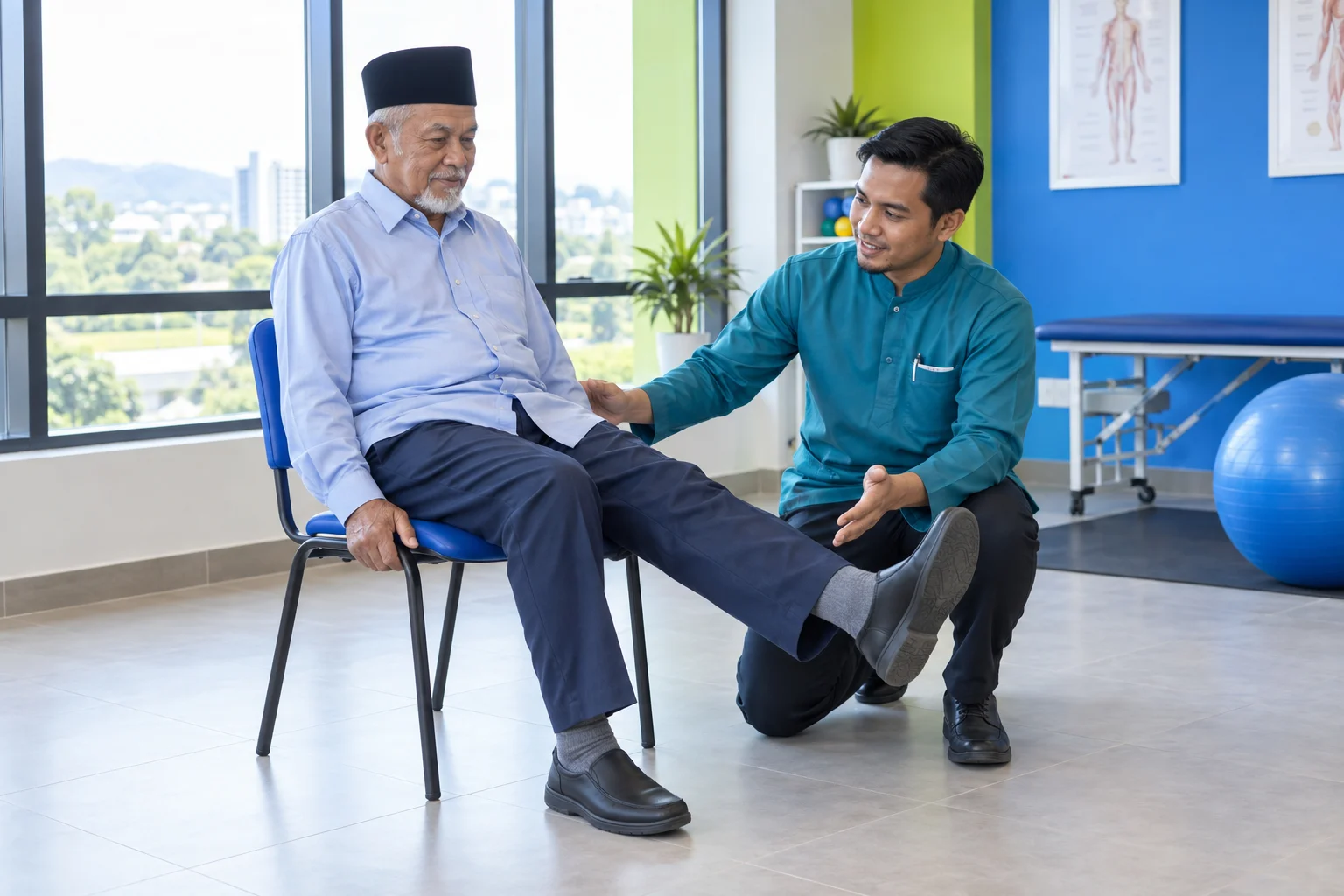 Ilustrasi warga emas lelaki Melayu berpakaian menutup aurat melakukan senaman lutut dengan bimbingan