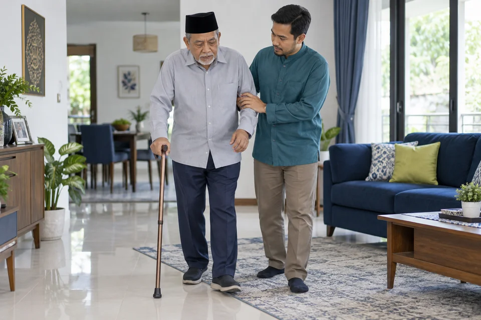 Ilustrasi lelaki Melayu warga emas berjalan berhati-hati menggunakan tongkat dengan sokongan ahli keluarga
