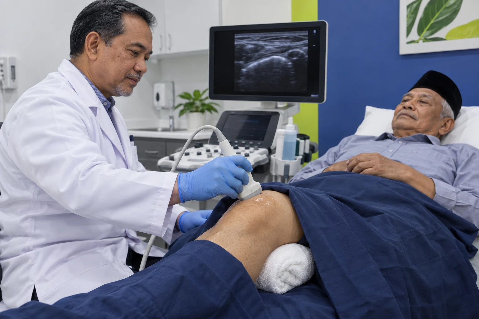 Ilustrasi realistik doktor lelaki melakukan ultrasound pada kulit lutut warga emas lelaki Melayu dengan gel, sementara bahagian badan lain ditutup kain pemeriksaan