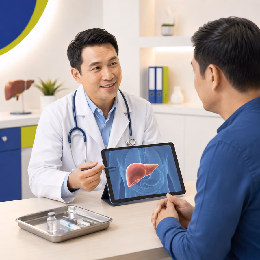 Illustration of a doctor explaining hepatitis B protection and liver health