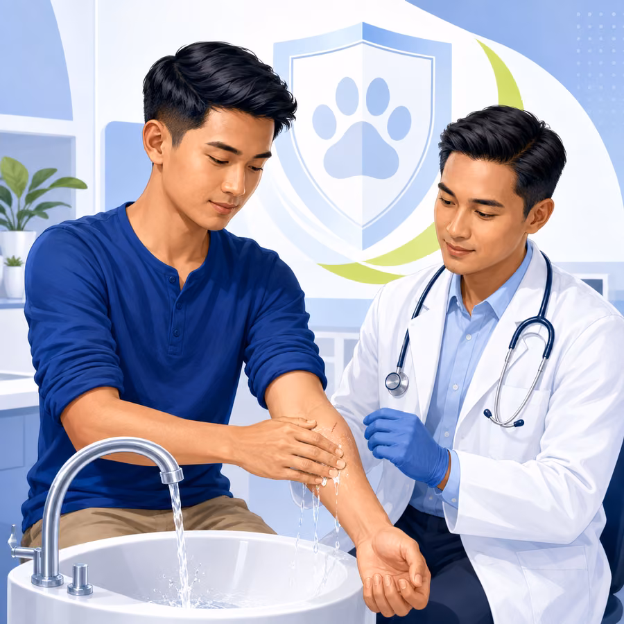 Illustration of a patient washing an exposed area before rabies assessment