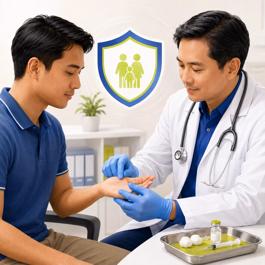 Illustration of a doctor assessing a hand wound for tetanus protection