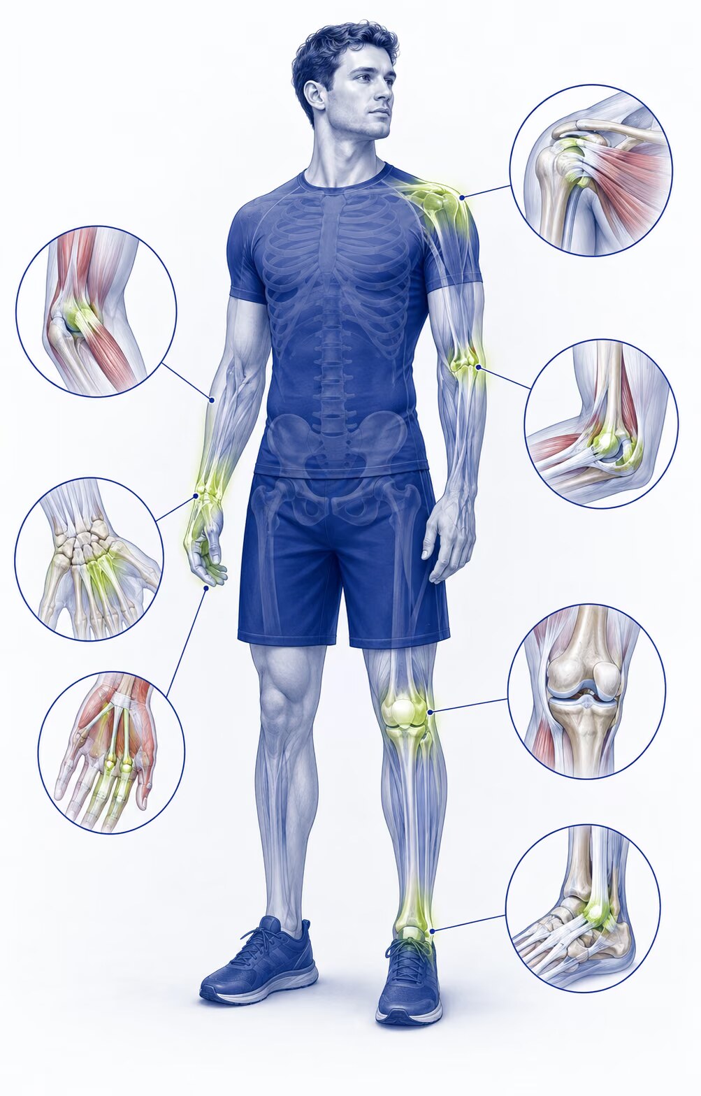 Anatomical illustration highlighting the shoulder, elbow, wrist, hand, knee and ankle