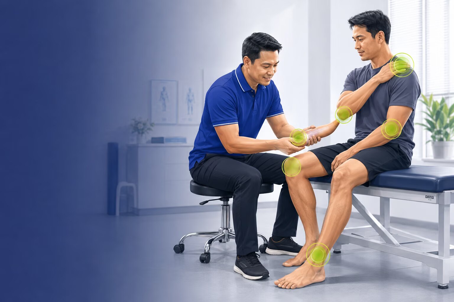 Doctor assessing a patient with highlighted shoulder, elbow, wrist, knee and ankle joints