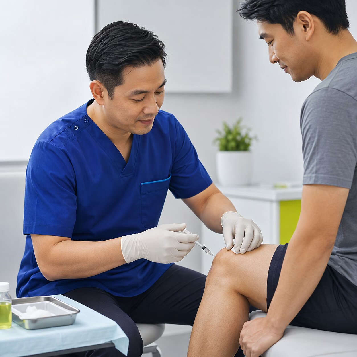 Doctor administering a knee joint injection in a clinic