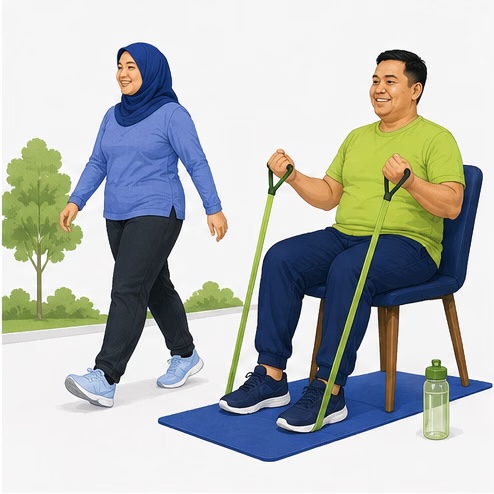 Adults taking part in approachable walking and resistance exercise