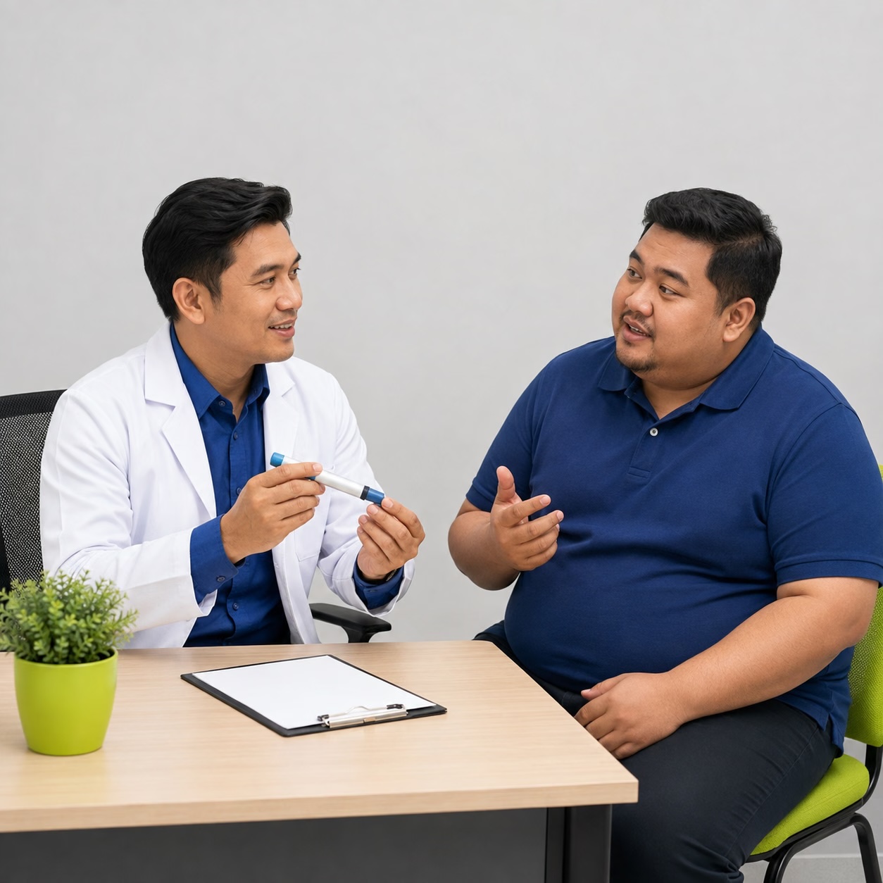 Male doctor explaining an unbranded GLP-1 injection pen during a consultation