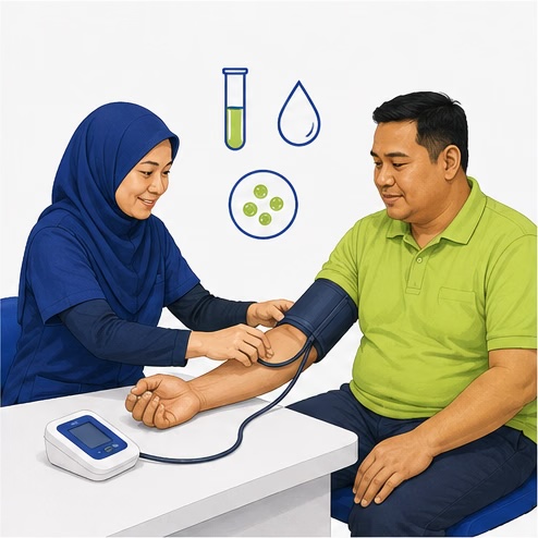 Clinician checking blood pressure during a health screening