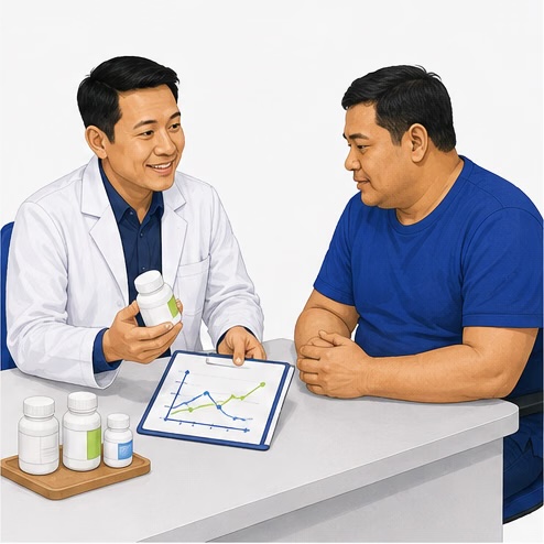 Doctor reviewing unbranded medication options and a monitoring chart